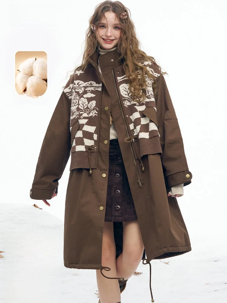 

Long Floral Embroidery Splicing Cotton Jaet Women's Warm Cotton Workwear Coat Elasticized Cuff Regular Sve Long Length