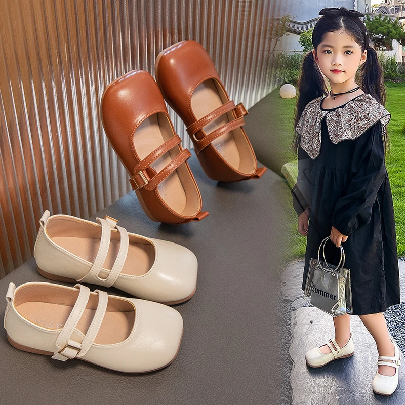 Children\'s Leather Shoes 2-12 Years Old Brown Fashion Versatile Little Girl Single Shoes Beige Soft Non-slip Kid Baby Sandals