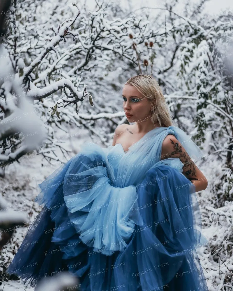 อย่างเป็นทางการ V คอ Layered พรหมชุด Gradient Blue ชุดราตรี Pretty เปิดกลับ A-Line เสื้อผ้าผู้หญิง PLUS ขนาดชุด