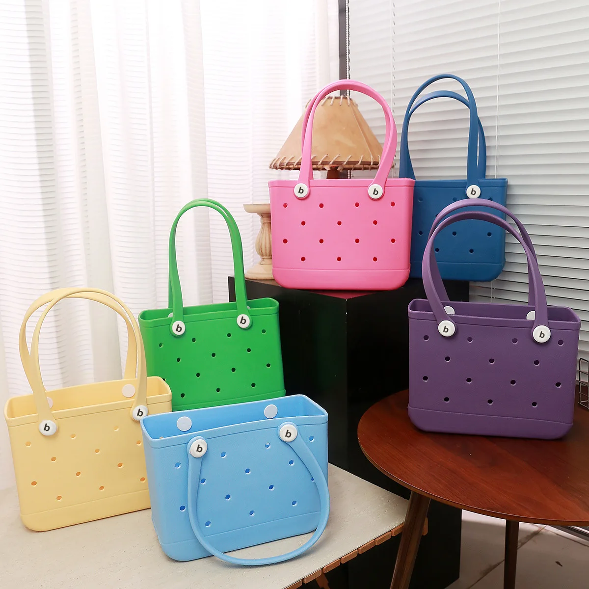 

Beach Bag Waterproof and Washable Handbag EVA Beach Basket Practical Women Picnic Tote Bag Holes Pouch Shopping Shoulder Bag