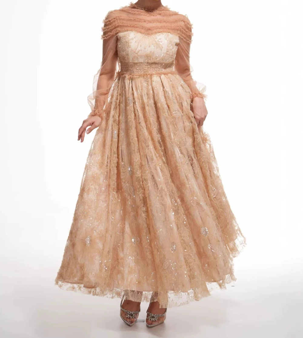 Abito francese in pizzo dolce, abito lungo con paillettes pesanti artigianali, maniche lunghe a fiori color kaki, vita alta e abito da sera alto-GZMM490