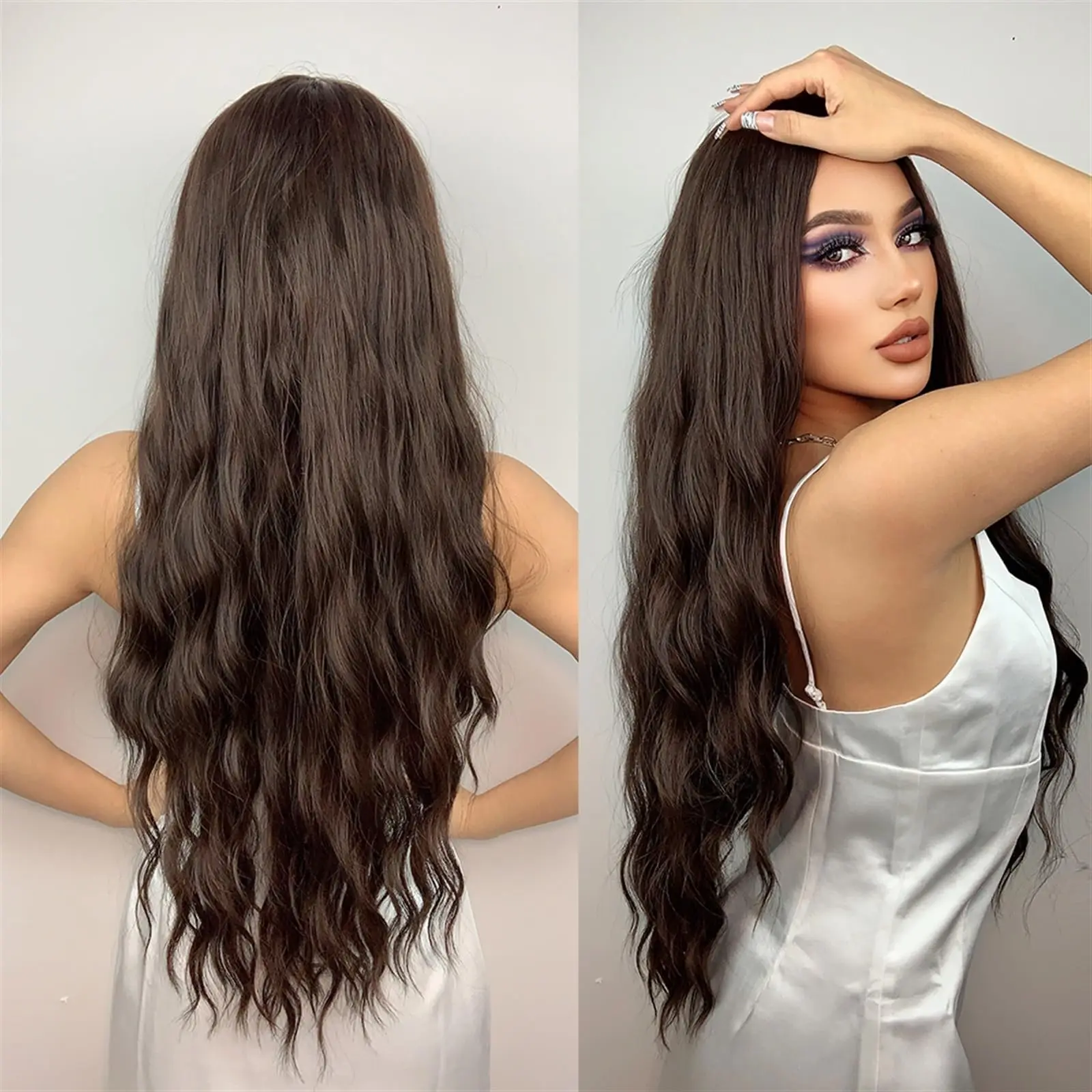 Long Brown Curly Synthetic Wig Middle Part Body Wave Natural Hair Wigs Daily Hairs for Women Cosplay Party Heat Resistant Fiber