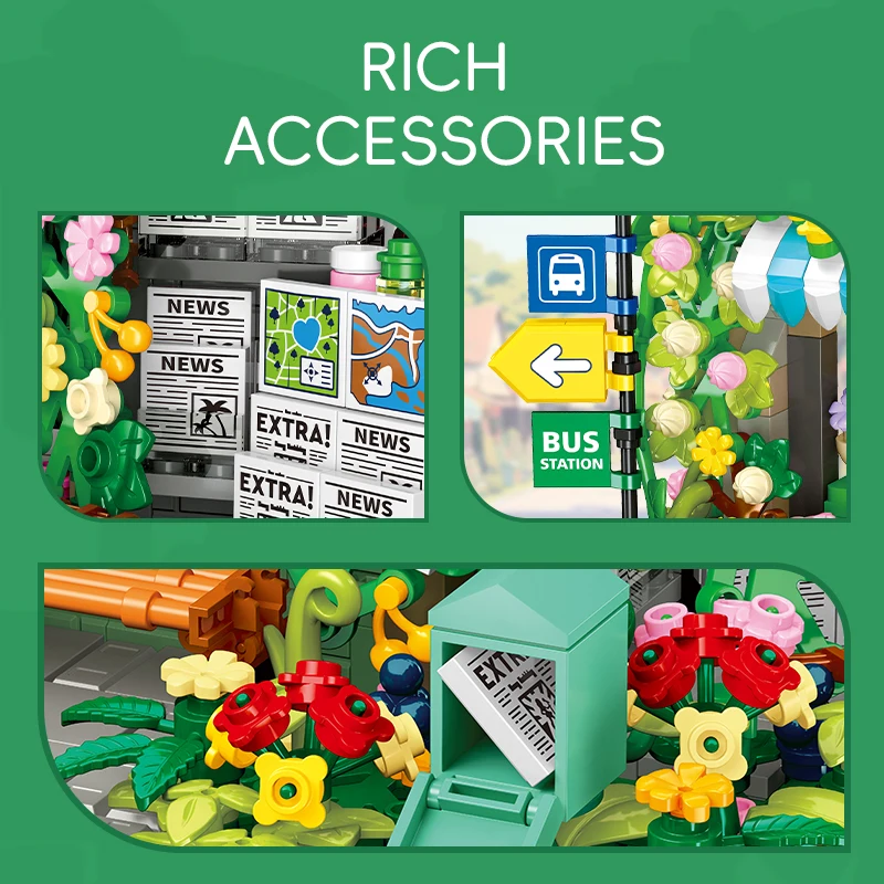 Juego de juguetes de bloques de construcción de modelo arquitectónico DIY, juguete de ensamblaje de parada de autobús modelo de escena de calle, juguete para regalo educativo para niñas.
