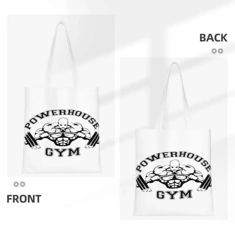 Reusable Powerhouse Gym Logo Shopping Bag Women Shoulder Canvas Tote Bag Durable Bodybuilding Fitness Groceries Shopper Bags