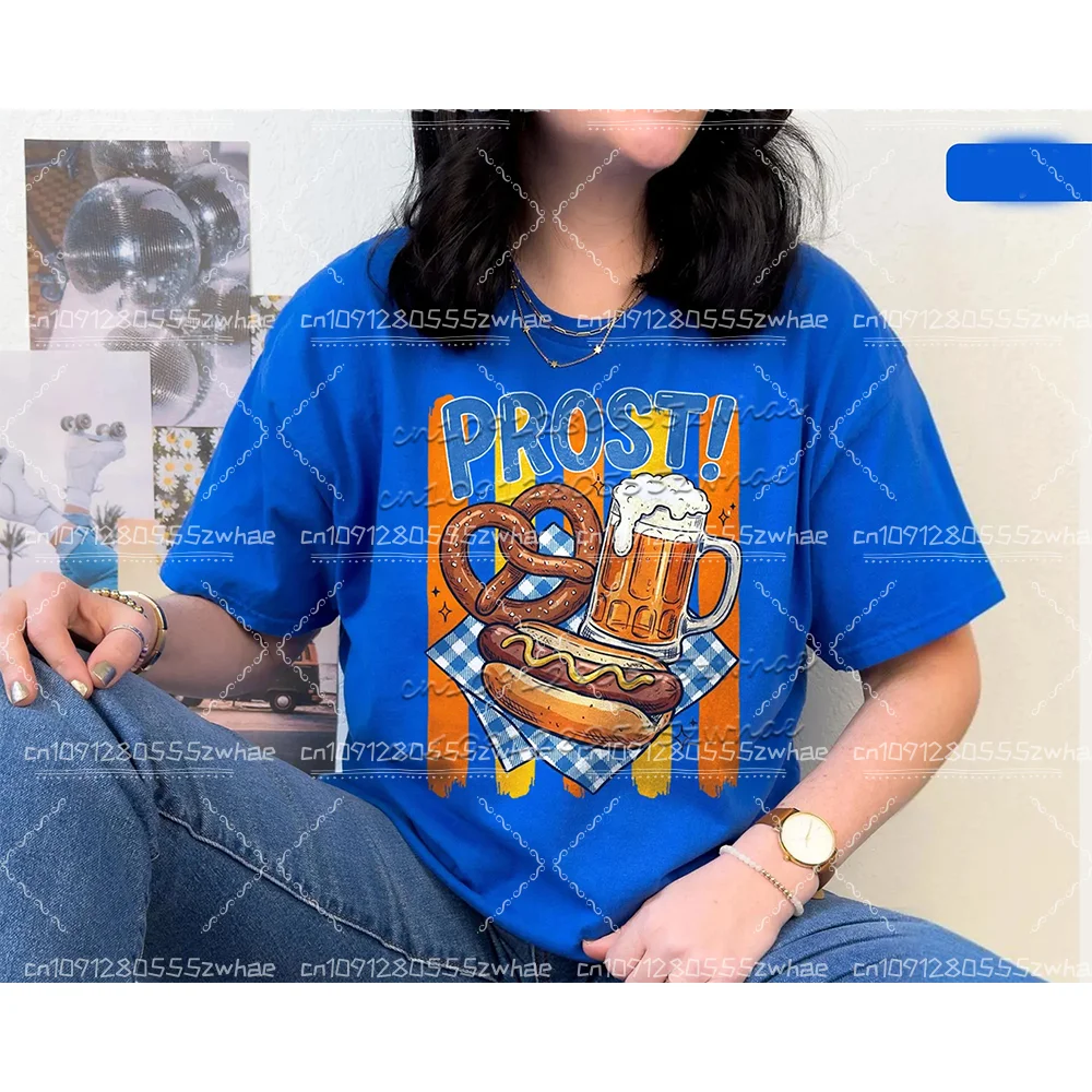 2026 New Women's Prost German Beer Festival Pattern T-shirt Retro Sausage Pepper Crispy Cake Munich Party Dressing Top