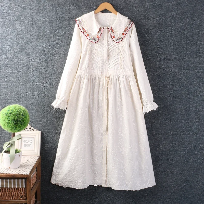 Spring Autumn Japan Style Mori Girl Sweet Lace Floral Embroidery Dress Women Long Sleeve Casual Loose Cotton Linen Midi Dresses