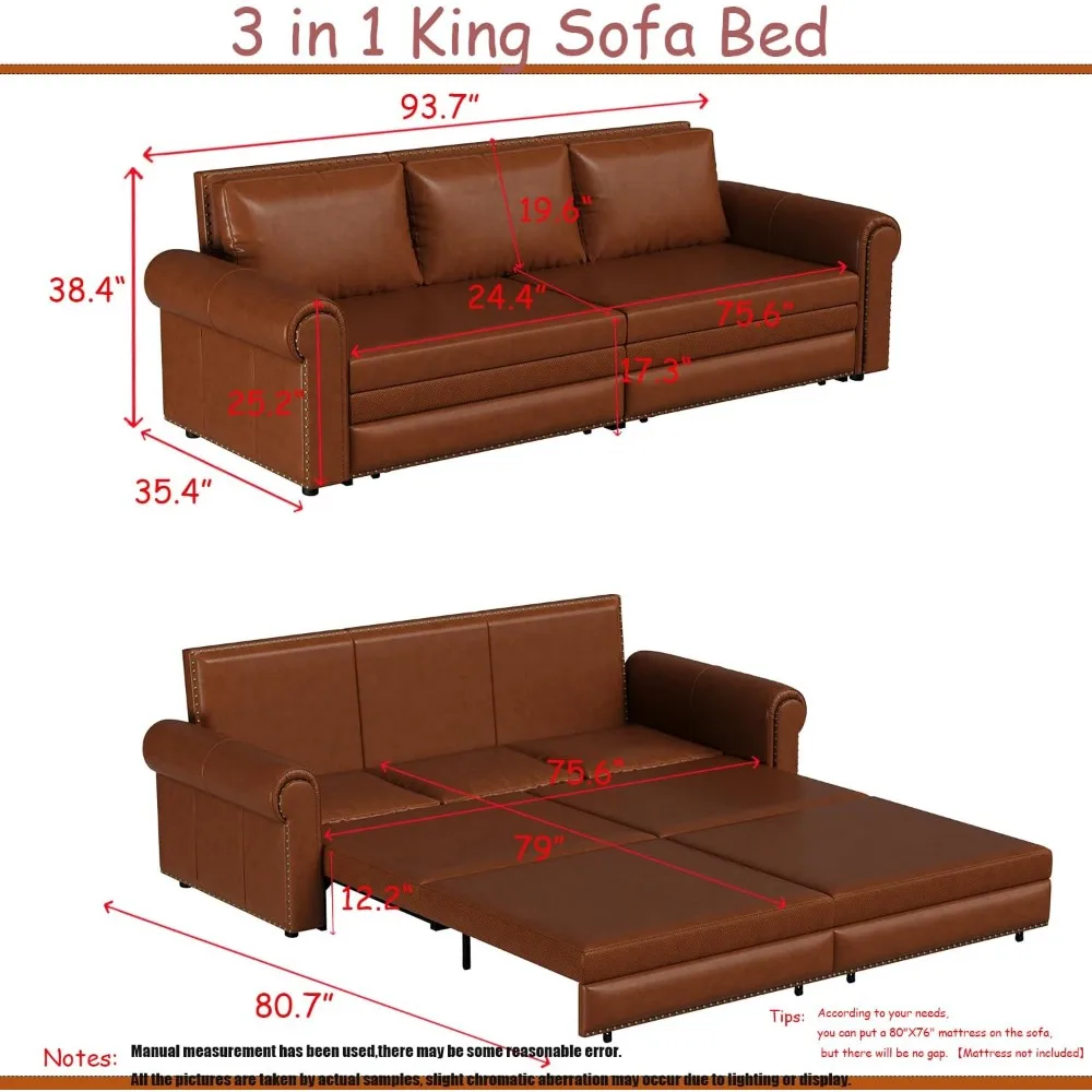أريكة نوم من الجلد باللون البني الفاتح مقاس 3 مقاعد مع سرير قابل للسحب وميزات قابلة للتحويل 3 في 1 #3