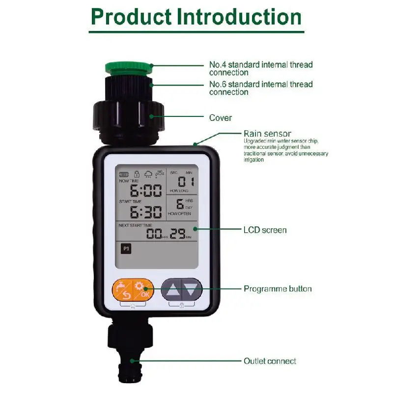 Garden Watering Timer Waterproof Multiple Program Automatic Battery Operated Irrigation Controller Rain Sensor Large Screen