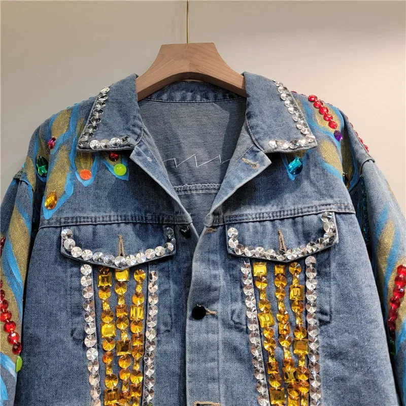 

Hand-painted Graffiti Print Short Denim Jacket Women Casual Fashion Diamond Frayed Hem Blue Black Spring New Female Jeans Jacket
