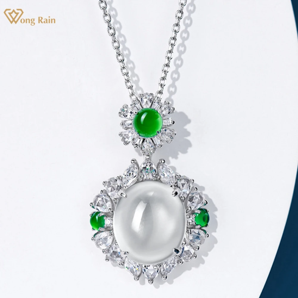 Wong Rain Elegant 100% 925 Sterling Silver Natural Foam Jade High Carbon Diamond Gemstone Pendant Necklace Jewelry For Women