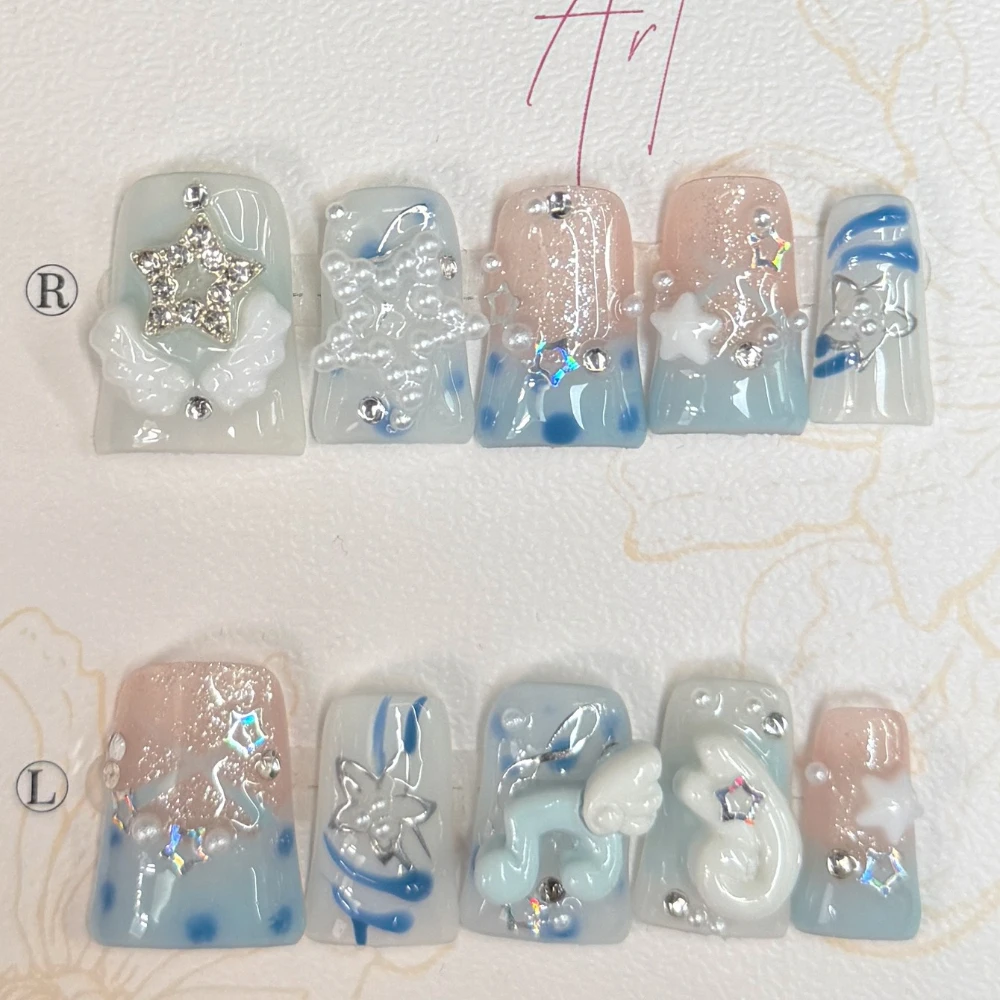 Ice Blue Retro Music Note Angel Wing Duckbill Handmade Press On Nails Glitter Cute 3D Star Polka Dot French Duck Bill Fake Nails