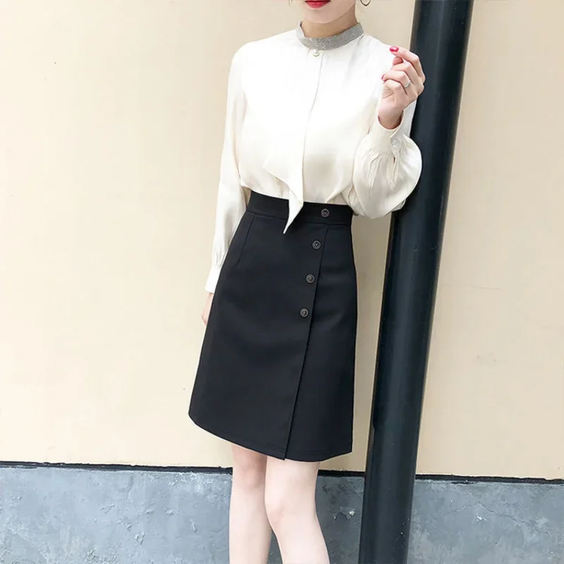 

New Summer Women's Solid High Waist Loose Thin Bag Hip Classic A-Line Button Plus Size Fashion Casual Formal Commute Skirt Z719