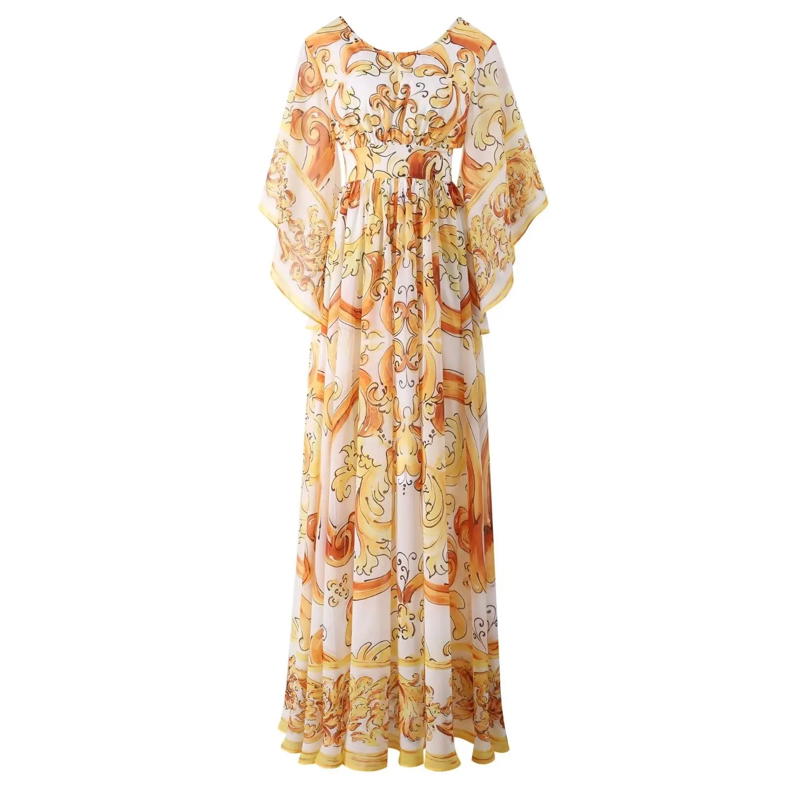 

SEQINYY Elegant Long Dress Summer Spring New Fashion Design Women Runway Backless Flare Sleeve Vintage Yellow Print Chiffon