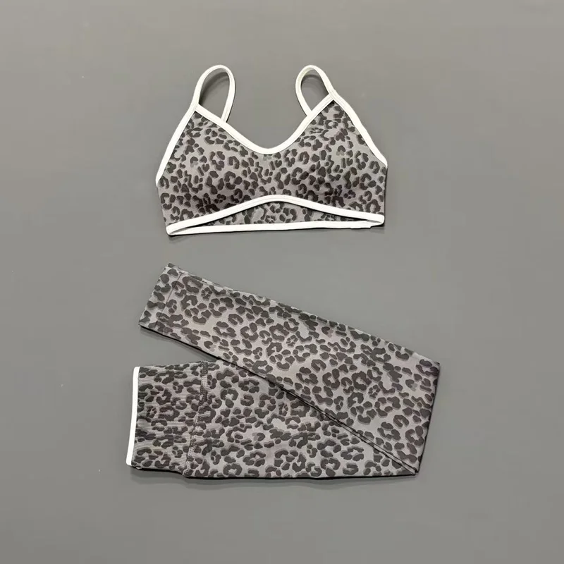 2 Pcs Fitness Sets Women Leopard Print Contrast Edge Removable Pad Bra Breathable Squat Proof Pants Suit Sports Workout Set