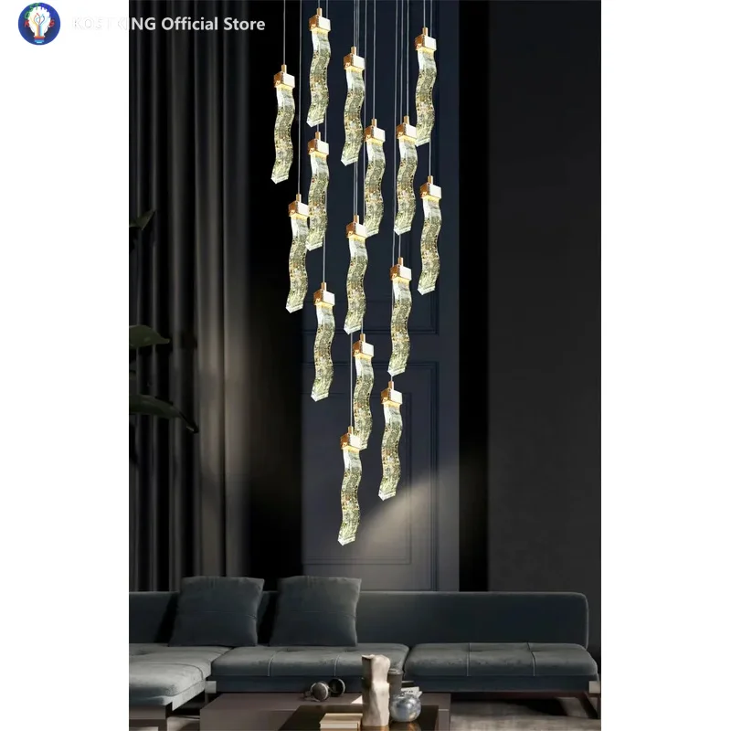Wave Shaped Crystal LED Staircase Chandelier Modern And Minimalist Villa High-rise Building Mid Floor Duplex Lobby Chandelier