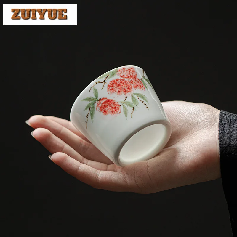 95ml Hand Drawn Lychee Teacup Underglaze Color Master Cup Handmade White Porcelain Tea Bowl Tasting Tea Mug Coffee Mug Drinkware