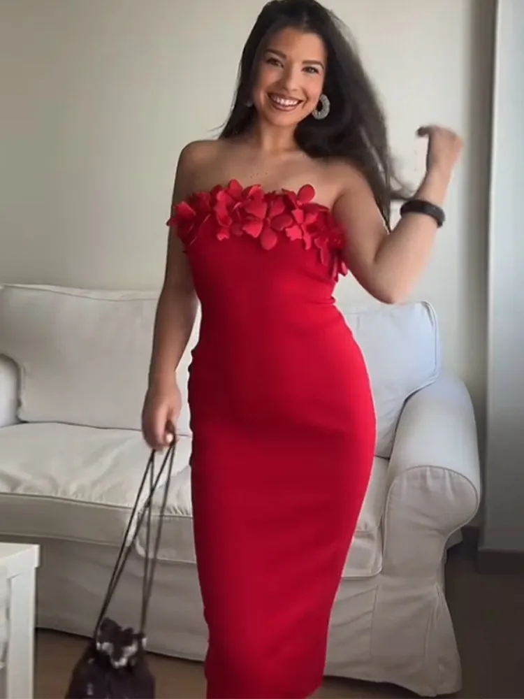 Trägerloses 3D-Blumen-Damenkleid, schulterfrei, sexy, rückenfrei, schmale Passform, Satin, einfarbig, Kleid, Roben, elegante Wickelhüfte, lange Kleider