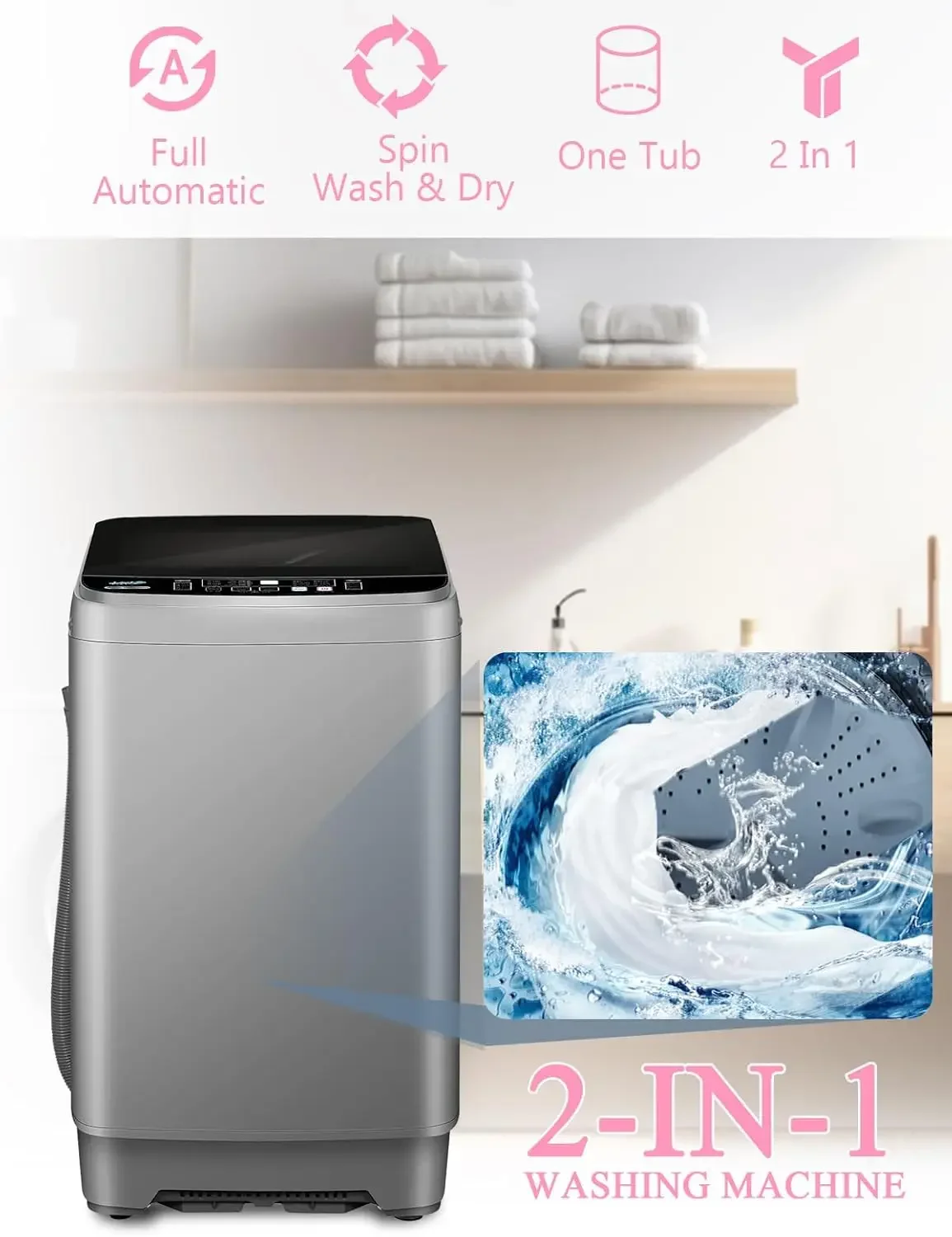 KRIBBLING Volautomatische wasmachine met LED-display, 25 lbs draagbare wasmachine-afvoerpomp, 10 programma's en 8 waterniveaus Sele