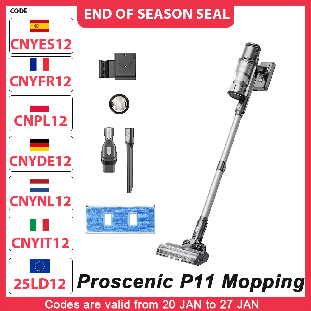 Proscenic P11 Mopping Cordless Vacuum Cleaner 35KPa Suction 0.65L Dustbin 5-Stage Filtration System 2000mAh Detachable Battery