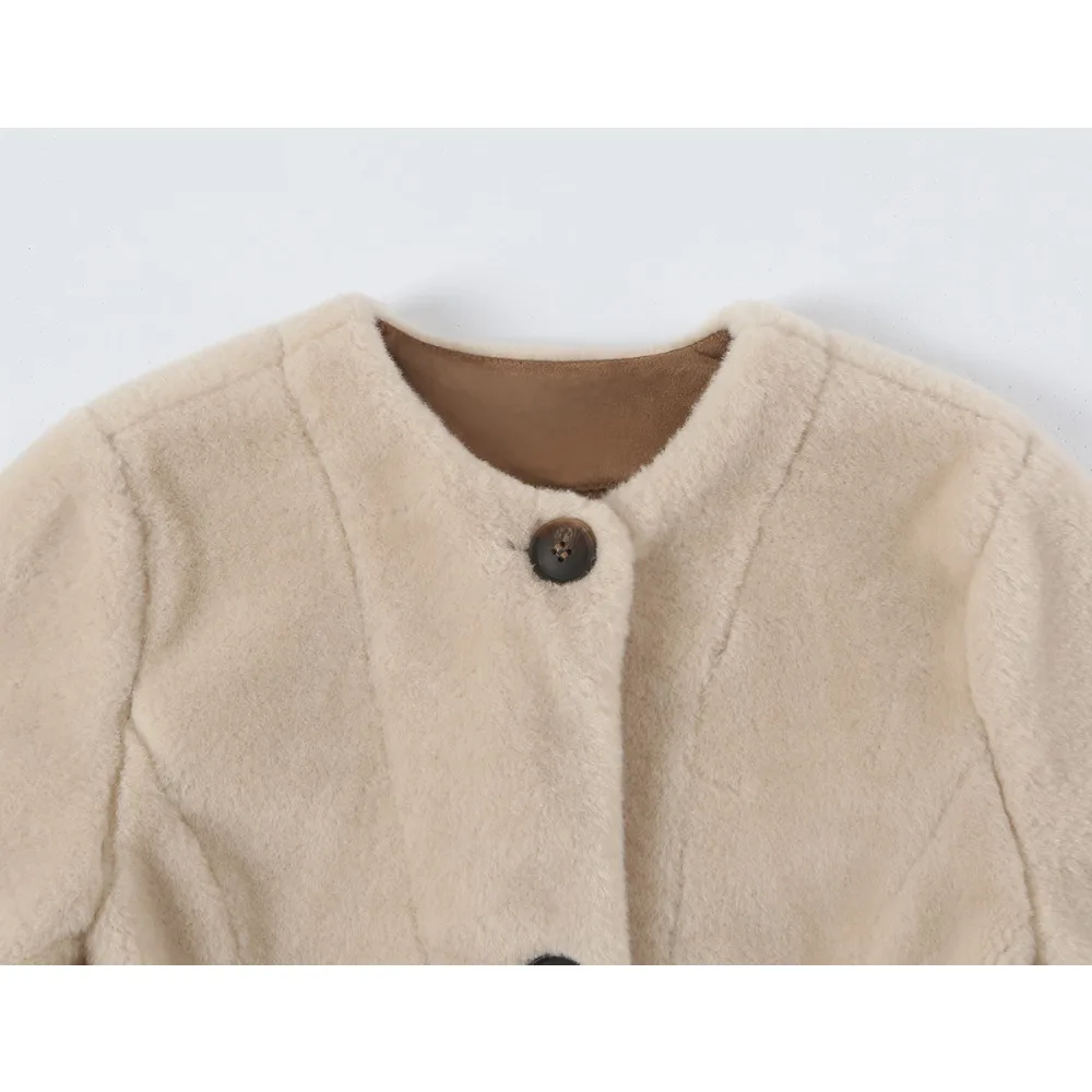 Women's Faux Fur Peplum Jacket Autumn & Winter Round Neck Jacket with Long Sleeves Elegant Chic Buttoned Jackets with Flared Hem