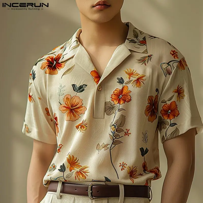 

INCERUN Tops 2024 Korean Style New Men's Floral Print Shirts Casual Streetwear Male Personality Short Sleeved Lapel Blouse S-5XL