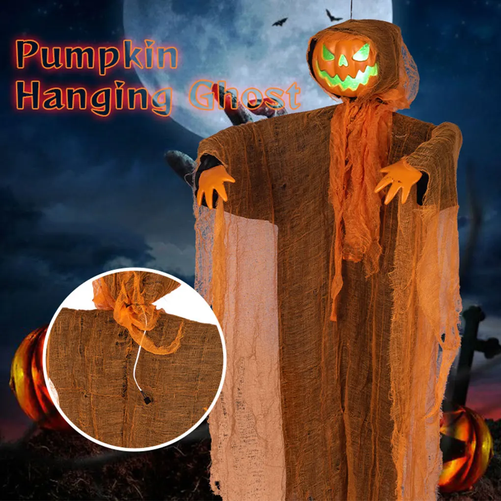 Halloween Hanging Pumpkin Hanging Head Green Light Scary Voice Ghost House Pumpkin Head Prop Halloween Courtyard Decoration