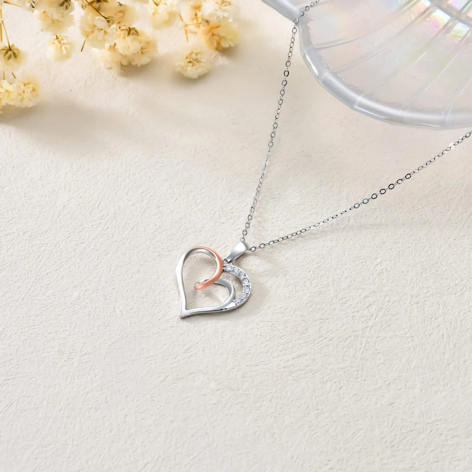 YFN White Gold Heart Necklace for Women14K Real Gold Double Hearts Pendant Necklace Jewelry Gifts for Mom Wife Girlfriend