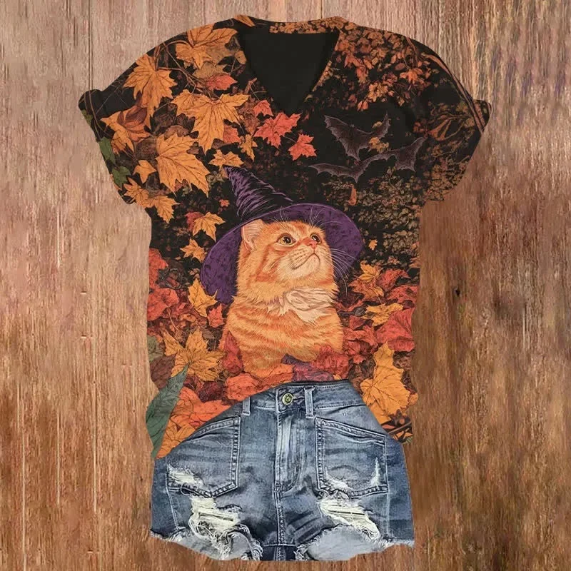 Witch Cat Under The Maple Tree Halloween Pattern Print Short Sleeved V-Neck T-Shirt Summer Women's T Shirts
