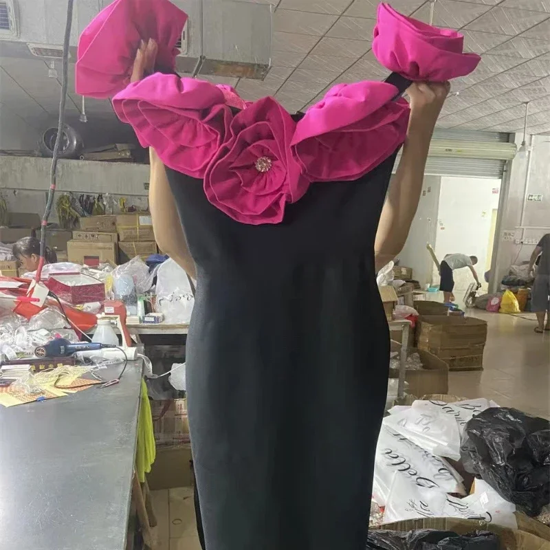 3D Goldene Blumen Sexy Schulterfreies Bandage-Langkleid Sexy Bodycon Wickelkleid Schwarz Retro Elegantes Abendkleid