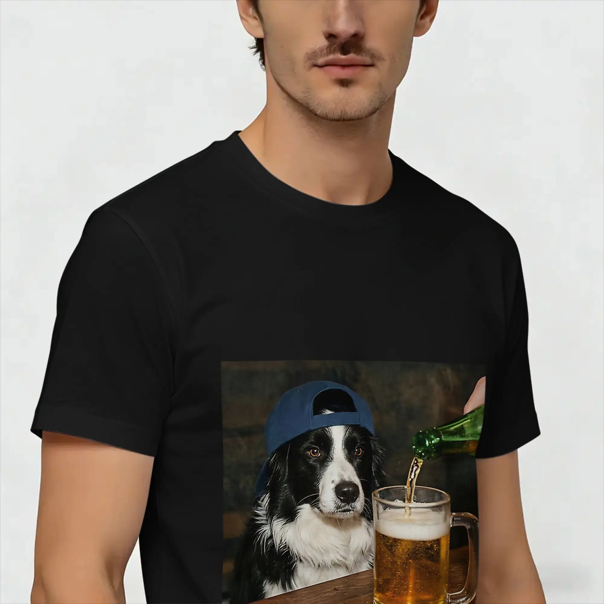Border Collie Drinking Beer Funny Dog   T-Shirts for Men   Cotton Tee Shirt Round Neck Short Sleeve T Shirts Gift Idea Clothing