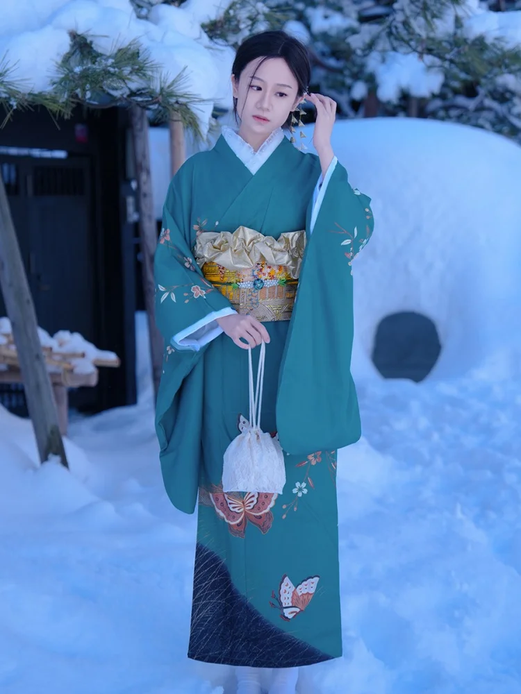 Women Modernized Japanese Kimono Green Color Floral Prints Formal Yukata with Obi Cosplay Costume Travel Photo Dress