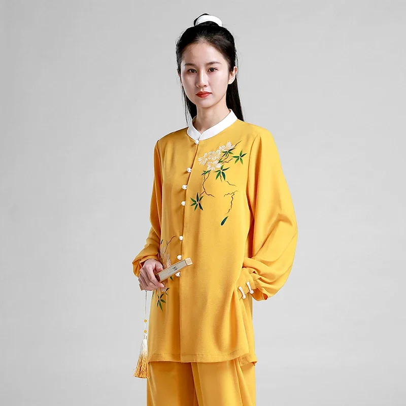 Martial Art Uniform Kung Fu Dress Wushu Clothing Tai Chi Clothes Girl Women Kun Master Hand-painted Yellow 2023 New Style