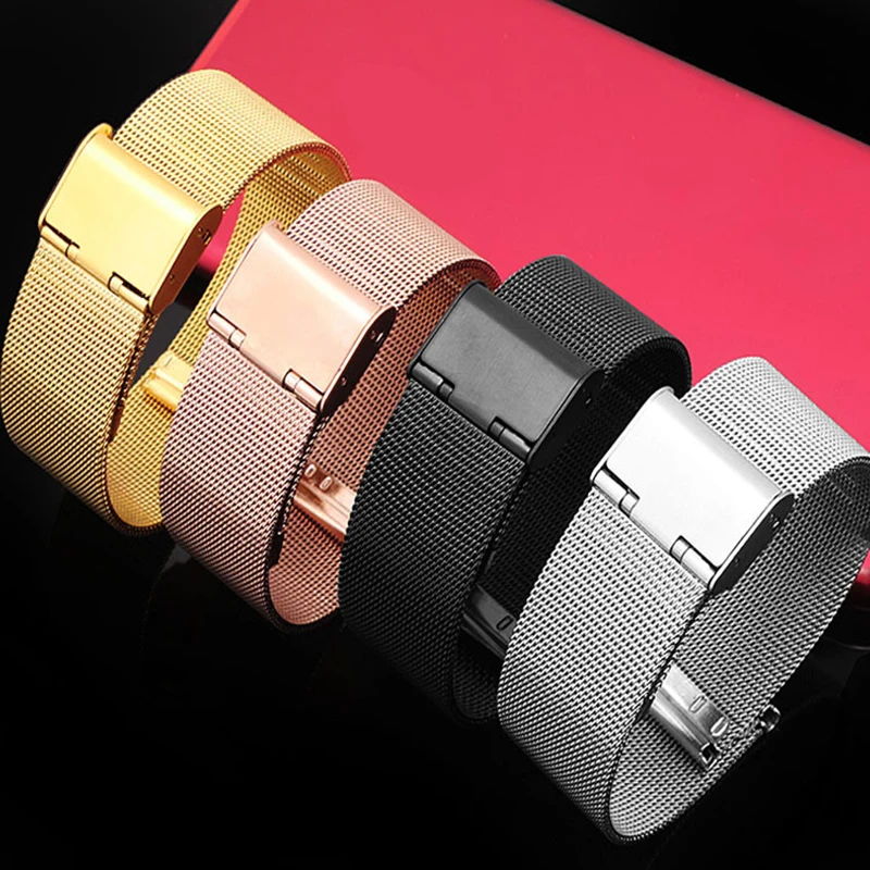 Stainless steel mesh strap universal 16mm 18mm 20mm 22mm 24mm single buckle wristband ultra-thin steel watchband