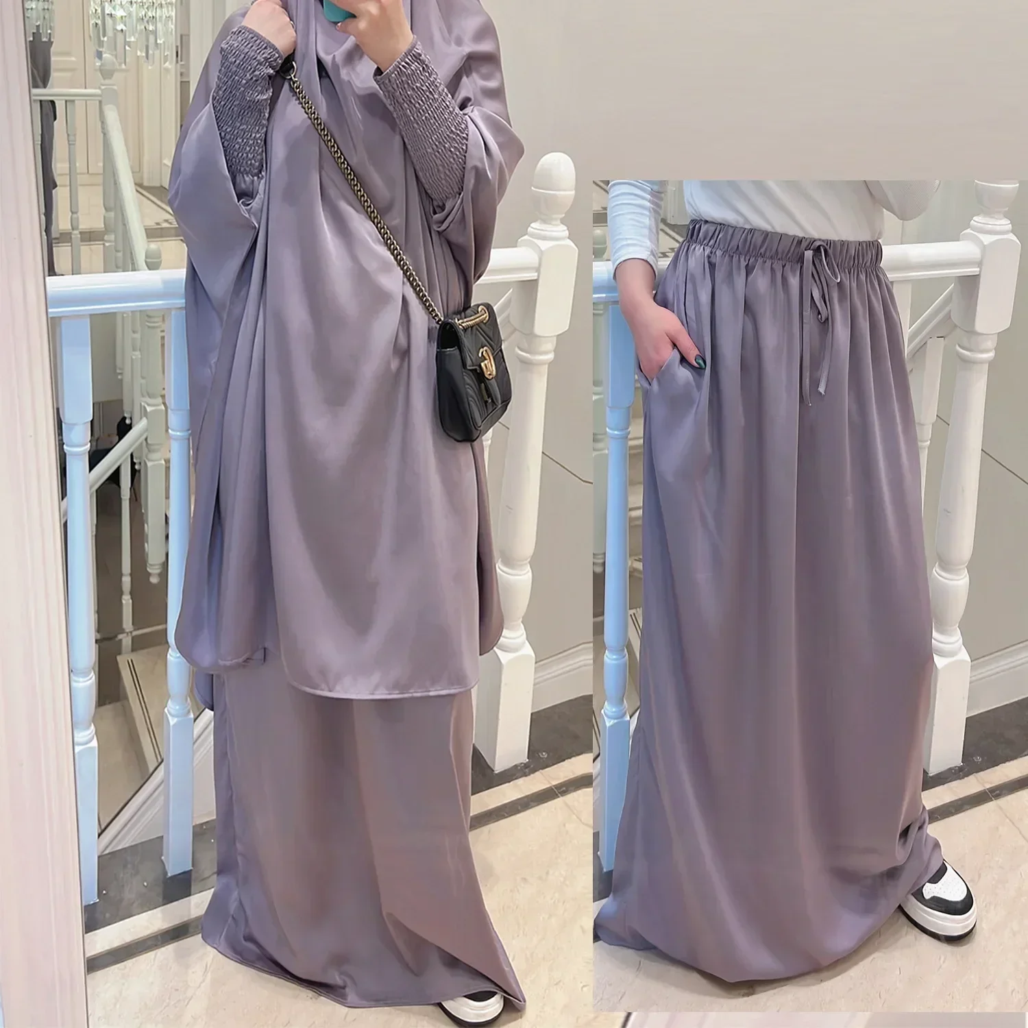 Ramadan Satin Kapuzen Abaya Khimar Set Jilbab 2-teilige islamische Abayas für Frauen muslimische Gebetskleidung Dubai Türkei Niqab Djellaba