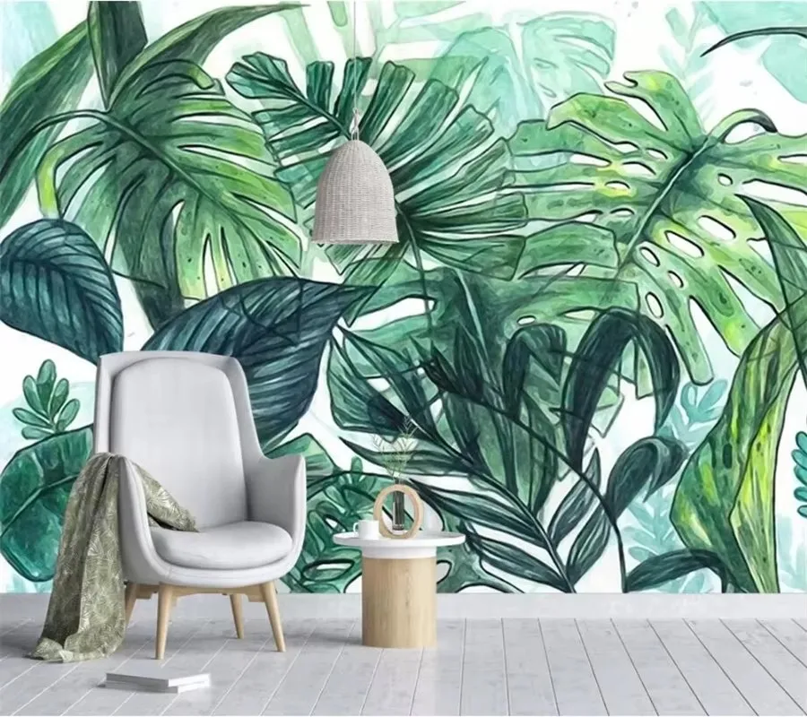 

Custom 3d mural Nordic minimalist tropical hand painted banana leaves TV Background wall living room wallpapers home decor mural