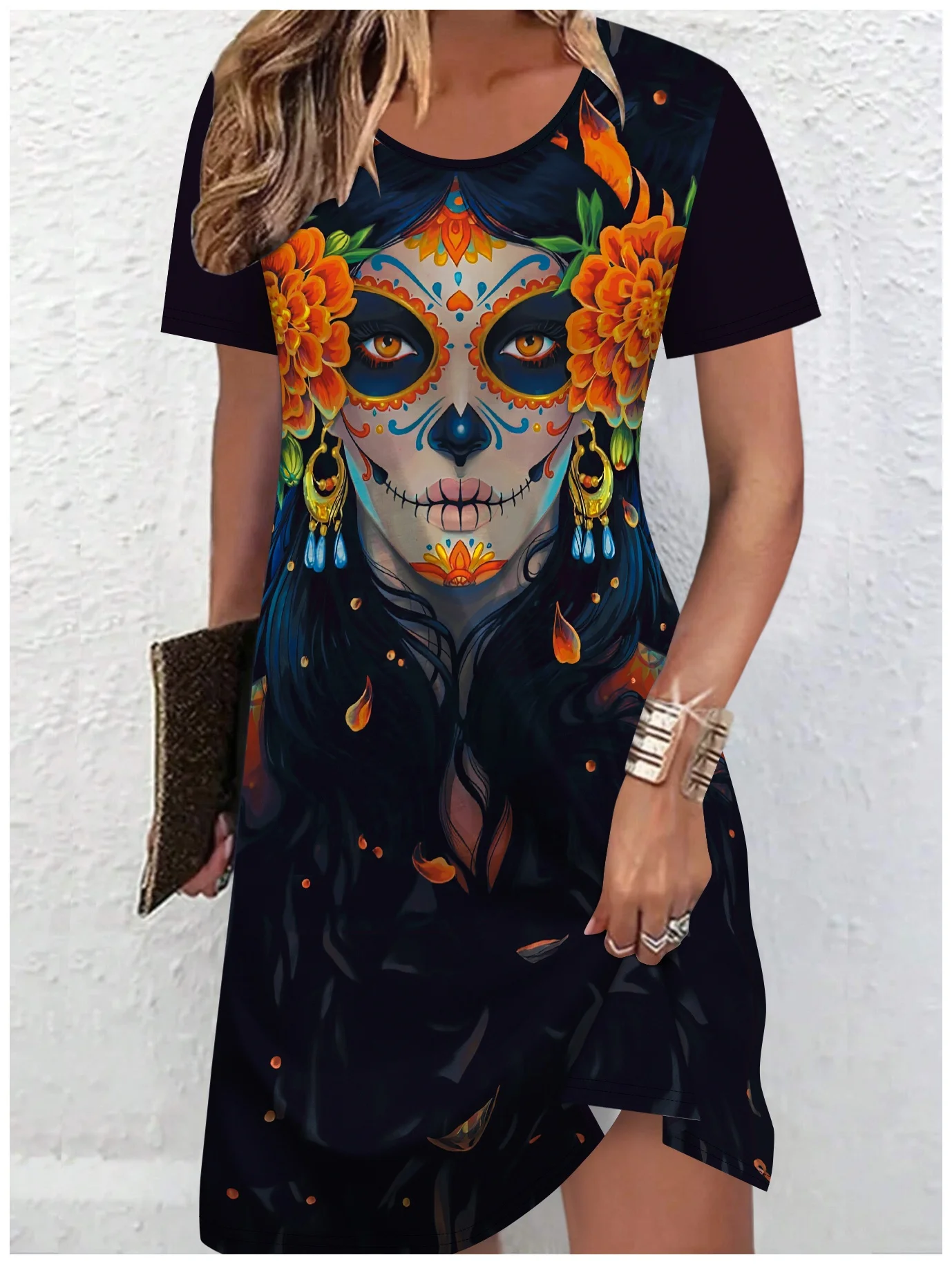 Damen-Tag der Totenkopf-Grafikkleid, lebendige Kleider mit Blumen- und Blattdruck, Damen-Sommer-Urlaubskleid am Meer, Y2k-Kleidung