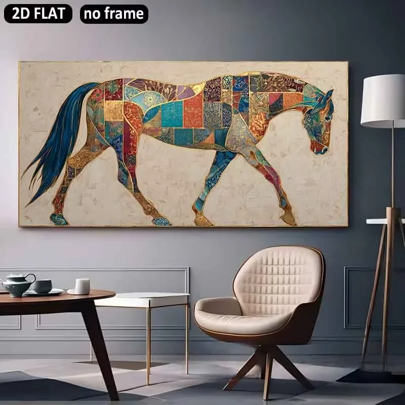 2D Flat, 2D Flat, Large Unframed Canvas Featuring a Colorful Horse Design, Measuring 23.6 by 47.2 Inches Or 60 by 120 Centimeter