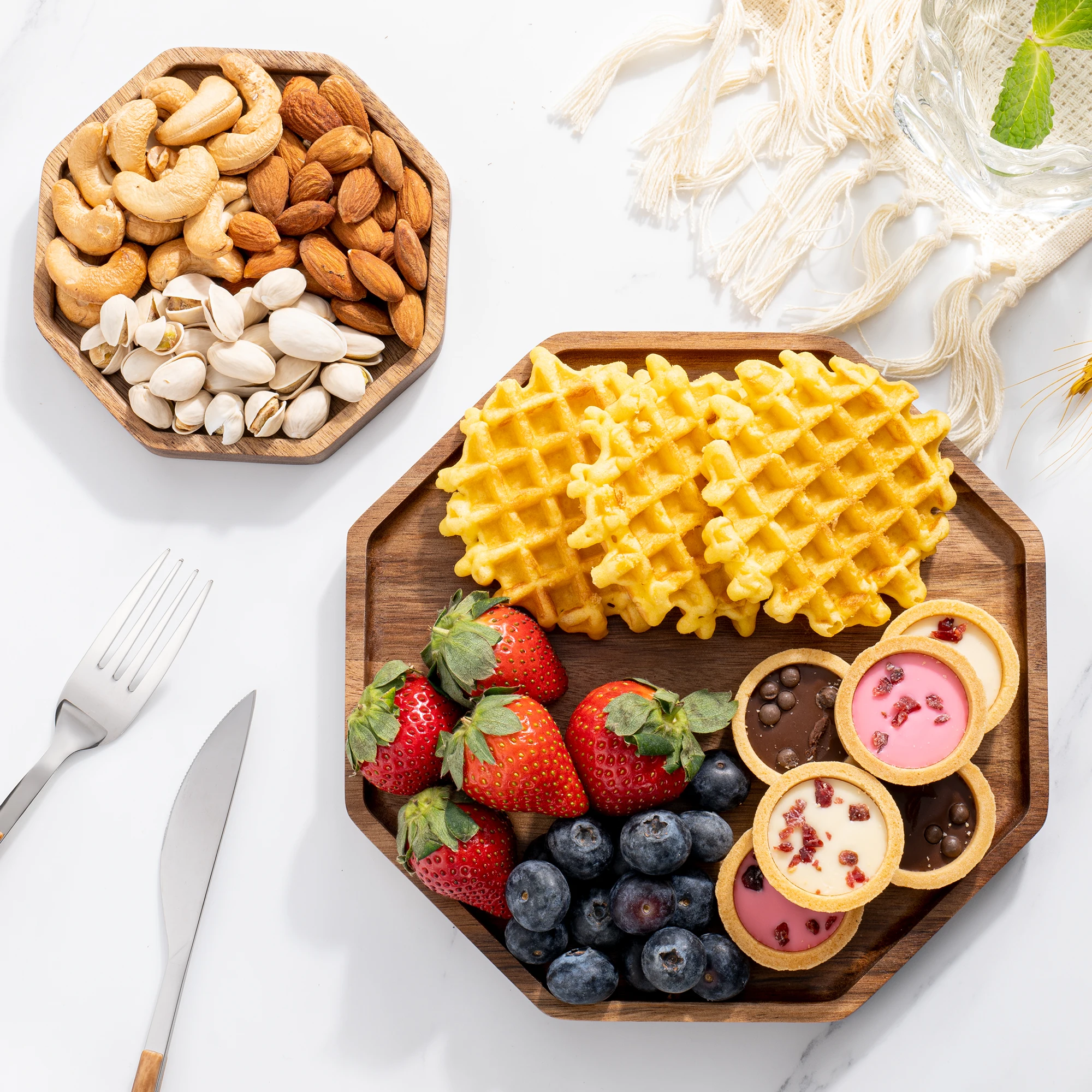 Bandeja octogonal de madera de Acacia, plato de postre, plato de fruta de madera, comida, aperitivos, bandeja de té seco, vajilla, posavasos de café, suministros de cocina