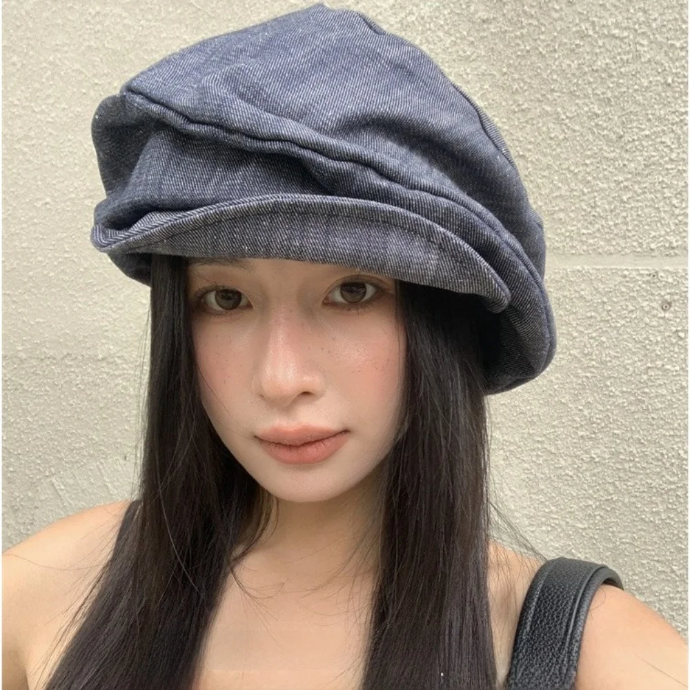 Vintage Japanese Denim Beret Cloud Cloth Octagonal Cap Y2K Big Head Circumference Pleated Painter Hat Outdoor
