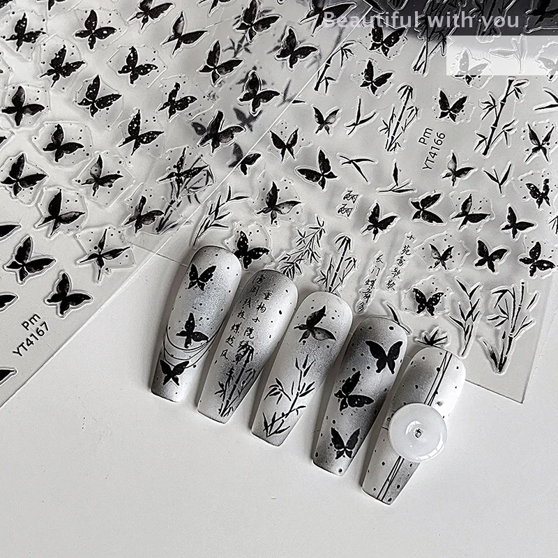 

1 Sheet Chinese Style Black Bamboo Butterfly Ink Painting Willow Chinese Character Nail Art Sticker Manicure Decal Salon Gift