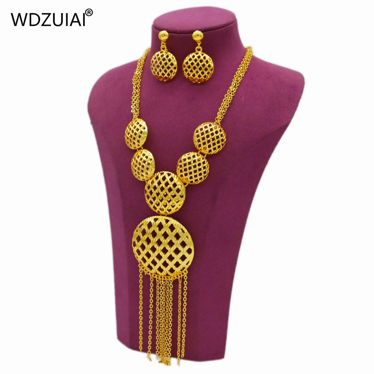 WDZUIAI Ball Shape Gold Color Tassels Necklace/Earrings Set African/Spain Women Girls Wedding Jewelry French Sweet Party Gifts