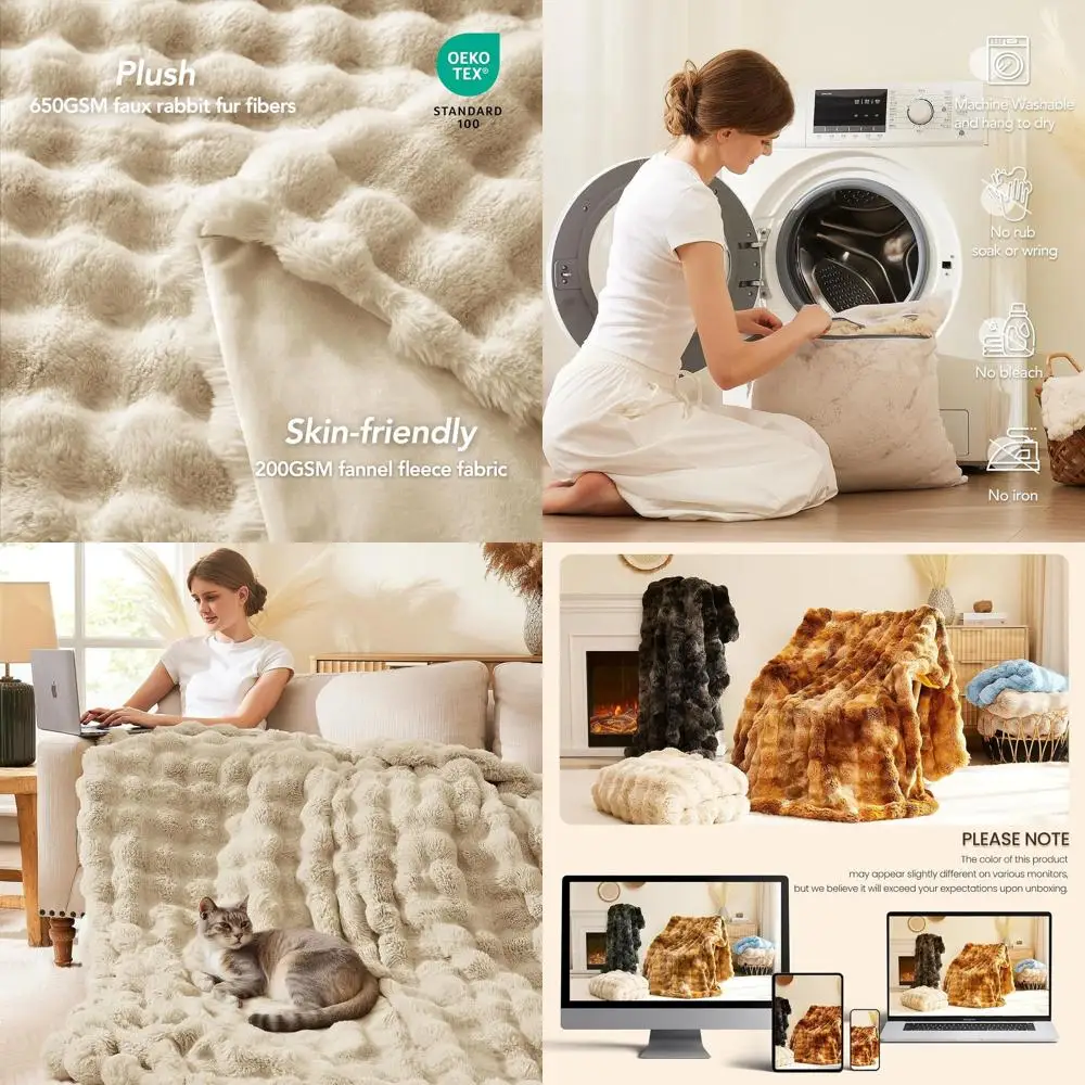 

Luxury 60x80 Faux Rabbit Fur Blanket - Soft, Thick, Cozy Throw for Couch, Bed, Sofa (Almond White)