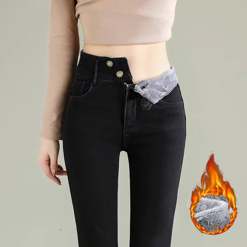 الشتاء الفتيات شيك الكورية مستقيم الساق أفخم الجينز سيدة الموضة عالية الخصر الحرارية سراويل جينز النساء الثلوج الدافئة الصوف السراويل