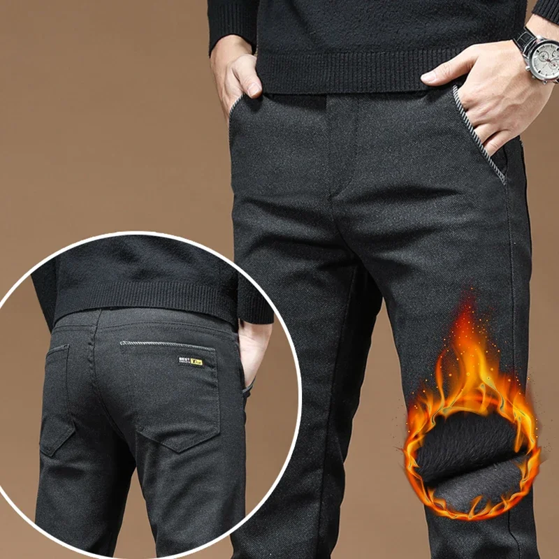 Men\'s Fleece Thick Casual Pants Winter New Warm Straight Slim Fit Pants Business Casual Office Trousers Korean Fashion Male