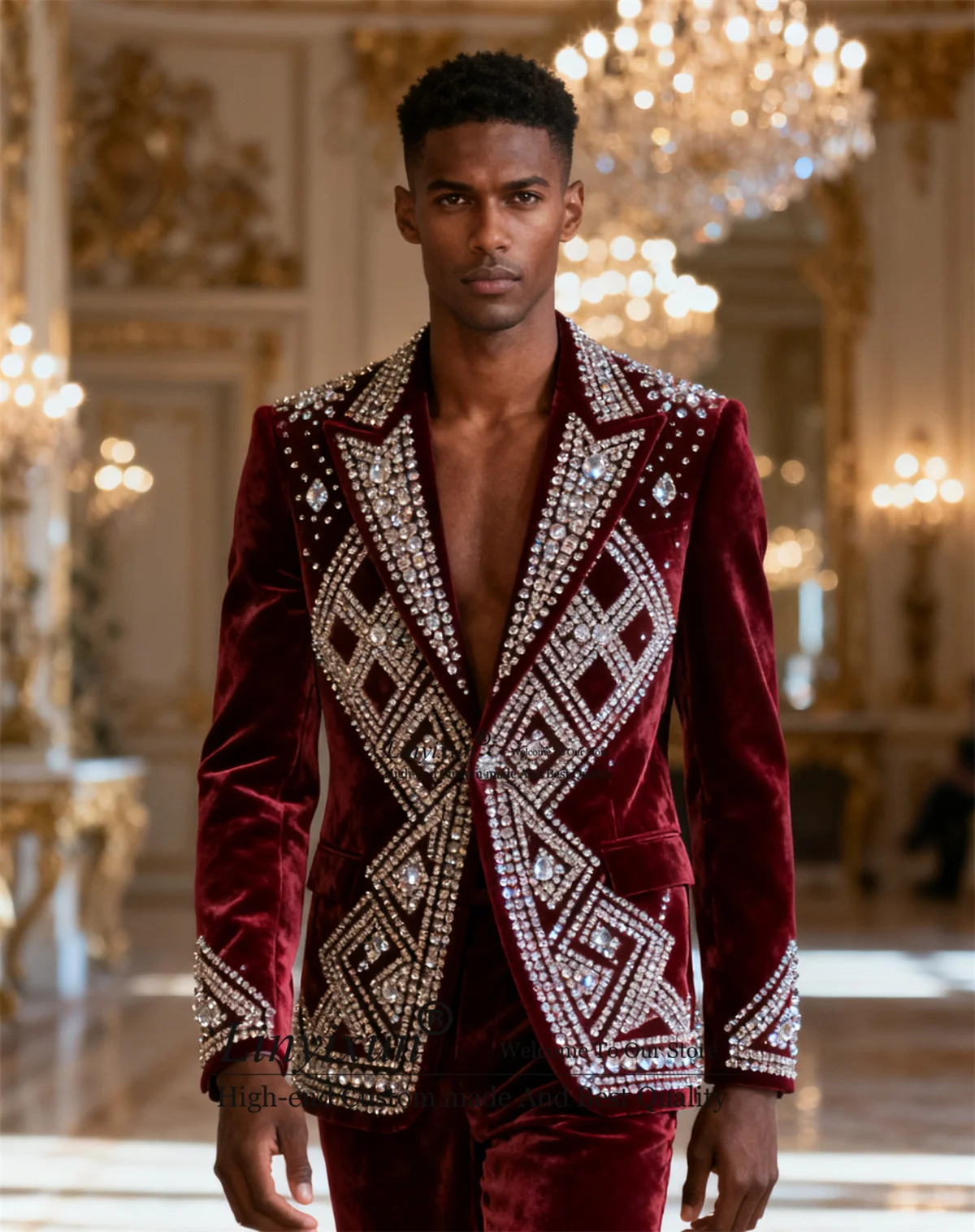 

Stunning Diamond Rhinestone Men Suits Customized Wedding Velvet Blazer High End 2 Pieces Sets Groom Tuxedos Slim Costume Homme