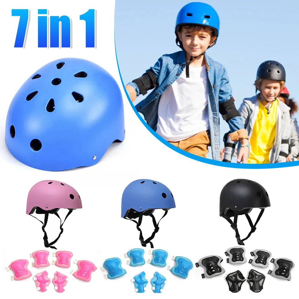 

7 шт./компл., комплект детского защитного снаряжения, шлем и подушечки для катания на роликах для мальчиков и девочек, наколенники, локтя, запястий для скейтборда, скутера