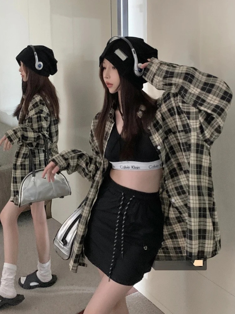 

Retro Plaid irt Jaet Women's Early Spring Loose BF Lazy Sle Sunscreen Outerwear Small Size Top Korean Sle Outerwear