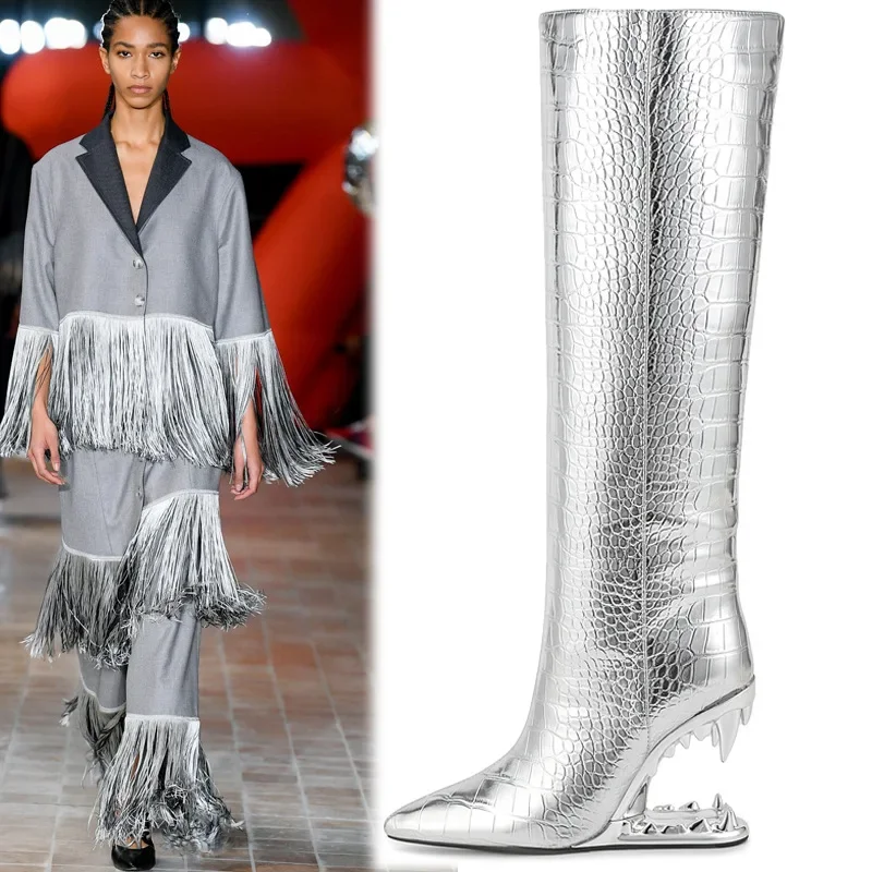 Personality Fashion Boot Trend Big Size Pointed Toe Stone Pattern Special Shaped High Heel Loose Straight High Boots Side Zipper