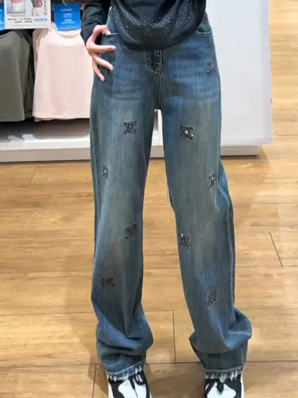 Y2K Donna Primavera Autunno Ricamato Vita alta Gamba larga Jeans in denim plus Size Dimagrante Drapey Mercury One Brand Pendolari Sle