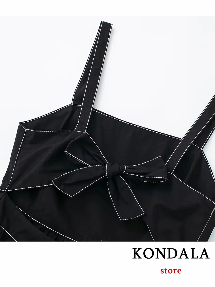 KONDALA Elegant Party Women Cami Dress Black Solid Backless Bow Straight Long Ruffles Dress Fashion 2023 Summer Elegant Vestidos